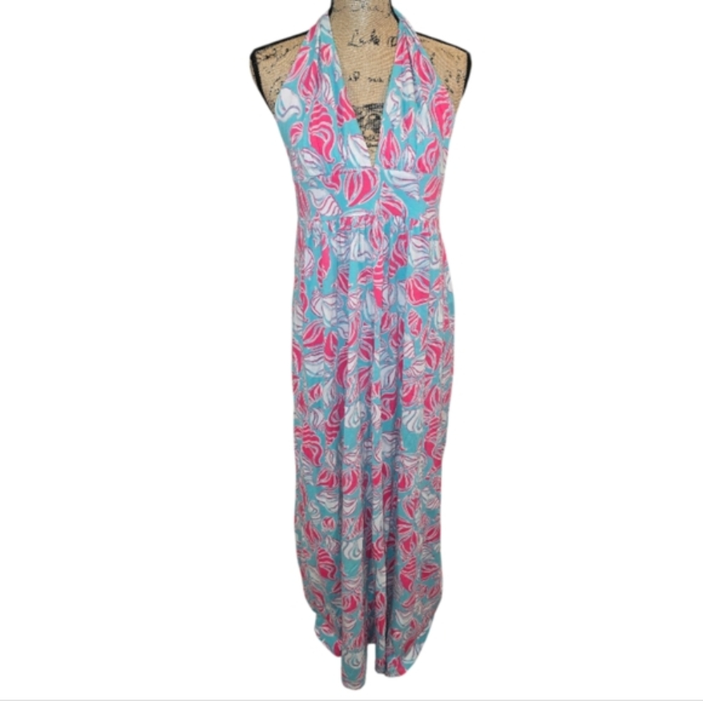 Haley & The Hound Womens Deep V-Neck Tie Up Sleeves Seashell Maxi Dress Sz L USA